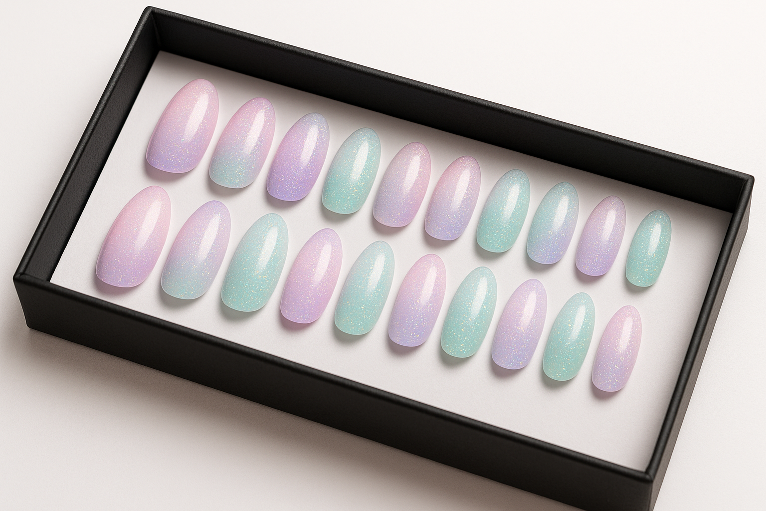 Professional product photography of a set of 24 pastel rainbow gradient press-on nails with iridescent glitter, soft pink to lavender to mint colors, unicorn-inspired design, elegant oval  shapes, arranged in luxury black packaging box, clean white background, whimsical beauty product styling, realistic nail texture"